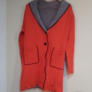 Red/Orange Cardigan with Gray Inside Approx M/L